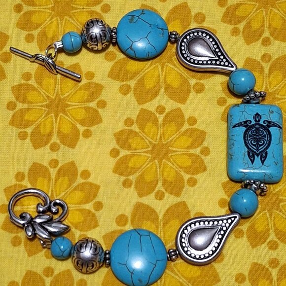 Artisan Hand Crafted Bracelet Turtle Tribal Art Silver Turquoise Beaded OSFM - Picture 9 of 11